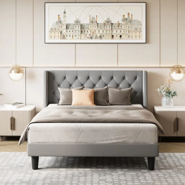 Hilbert Upholstered Low Profile Platform Bed Frame with Headboard - Image 2